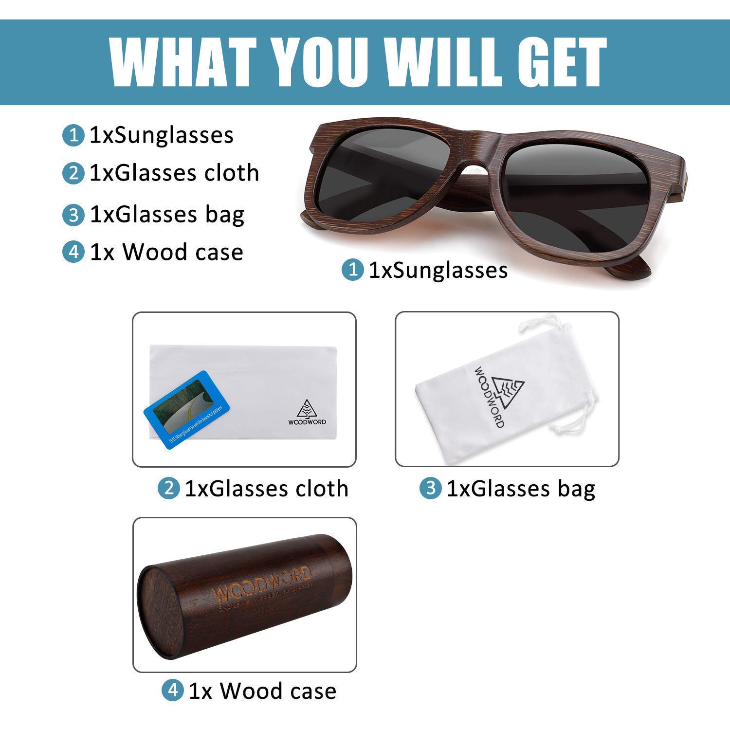 WOODWORD Polarized Wood Sunglasses for Men Women - Bamboo Wood Sunglasses with Wood Case (Black)