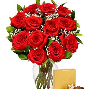 DELIVERY BY FRIDAY, 8/23 GUARANTEED IF ORDER PLACED BY 8/22 BEFORE 2PM EST From You Flowers - One Dozen Red Roses with Chocolates with Glass Vase (Fresh Flowers) Birthday, Anniversary, Get Well,