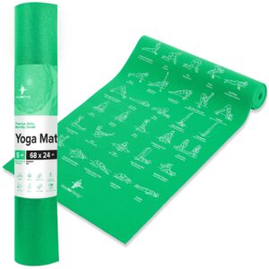 newme fitness yoga mat for women and men - 24” wide x 68" long - non slip instructional yoga mats - yoga pilates floor mat for home and gym - 5 mm thick exercise mat with 70 printed yoga poses, green