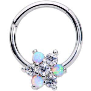 body candy womens 16g steel segment ring seamless cartilage septum ring white synthetic opal nose hoops 3/8"