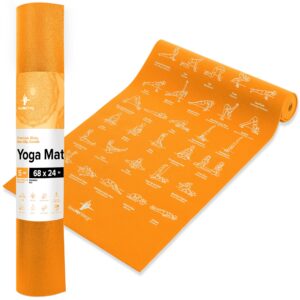 newme fitness yoga mat for women and men - large, 5mm thick, 68 inch long, non slip exercise mats w/ 70 printed yoga poses for pilates, workout and stretching - home and gym essentials - orange