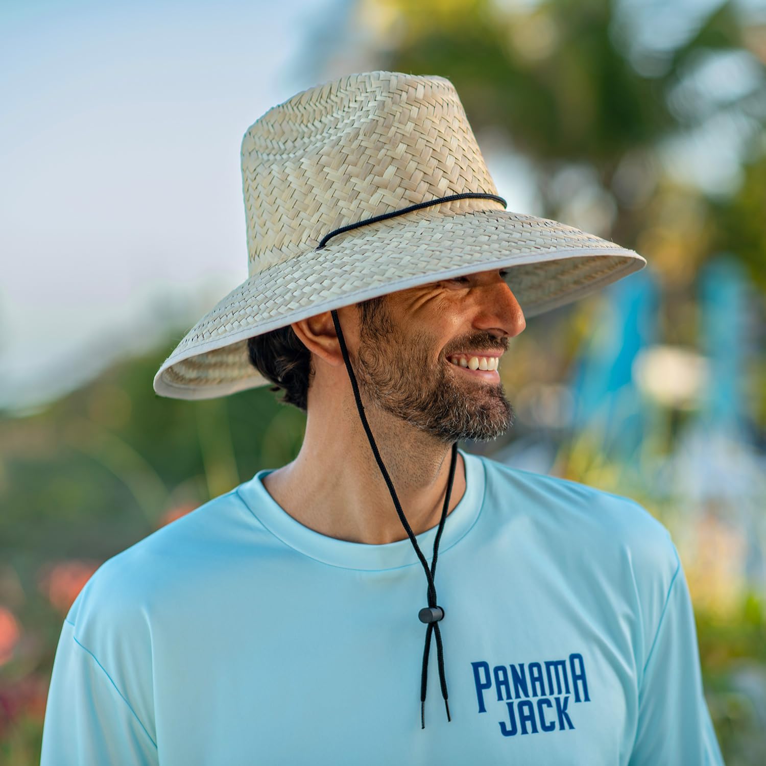 Panama Jack Lifeguard Sun Hat - Palm Fiber Straw, 5" Bound Big Brim, Chin Strap with Toggle, Logo Badge (Natural, One Size Fits Most)