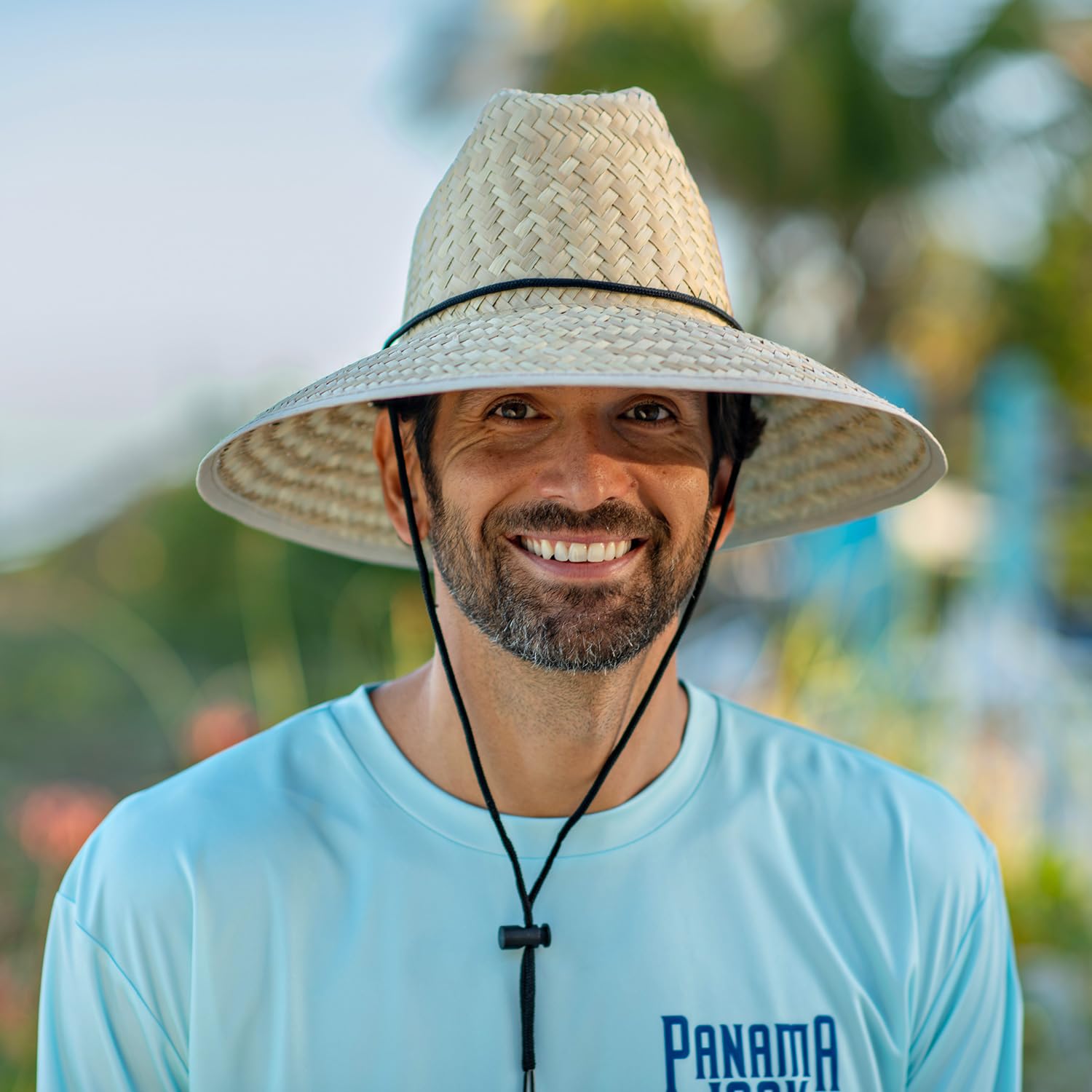 Panama Jack Lifeguard Sun Hat - Palm Fiber Straw, 5" Bound Big Brim, Chin Strap with Toggle, Logo Badge (Natural, One Size Fits Most)