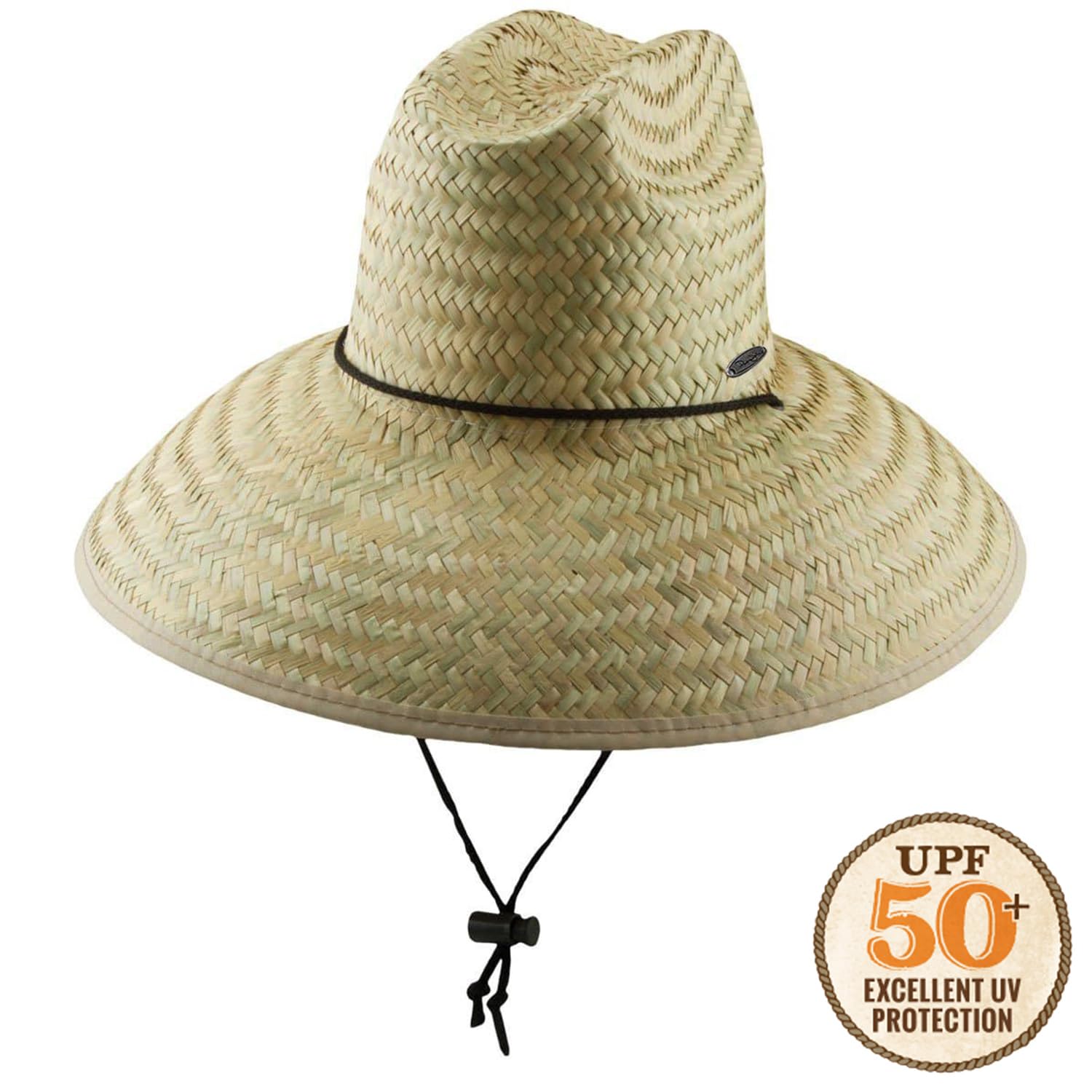 Panama Jack Lifeguard Sun Hat - Palm Fiber Straw, 5" Bound Big Brim, Chin Strap with Toggle, Logo Badge (Natural, One Size Fits Most)