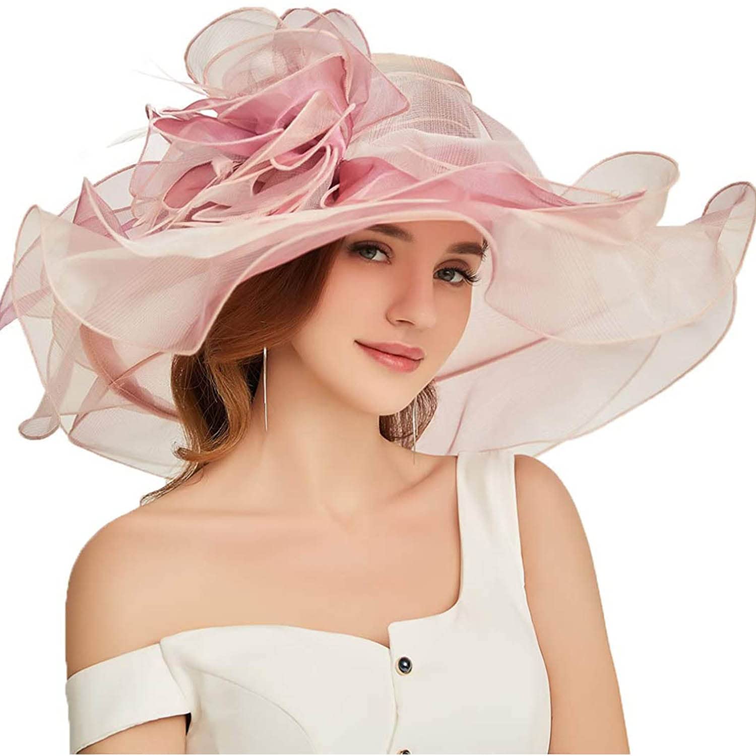 F FADVES Women Oganza Sun Hat Church Wide Brim Wedding Formal Fascinator Hat