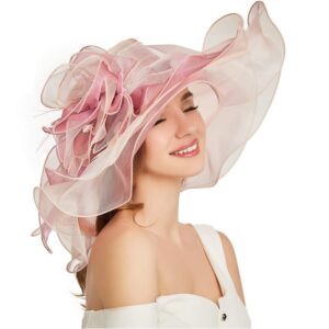 F FADVES Women Oganza Sun Hat Church Wide Brim Wedding Formal Fascinator Hat