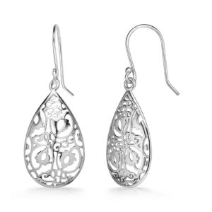 Teardrop Earrings for Women - Sterling Silver Dangle Filigree Earrings for Women – Hook Earrings - Trendy Fashion Earrings