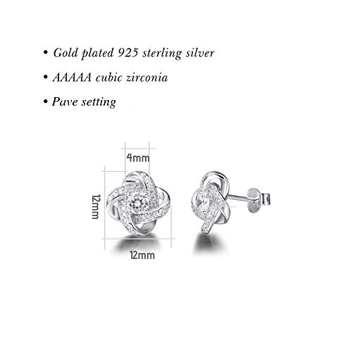 FANCIME White Gold Plated Real Sterling Silver Hypoallergenic Stunning Cubic Zirconia CZs Big/Large Daith Flower Knot Studs Earrings For Women Wedding Bridal，Size 12mm