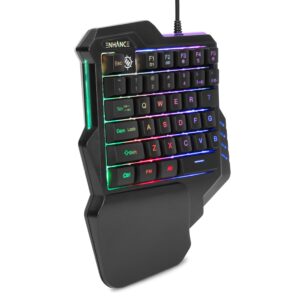 enhance gaming keypad one handed gaming keyboard mini keyboard - 7 color led backlit, programmable keys, ergonomic wrist pad and braided usb cable - small gaming keyboard great for fps games