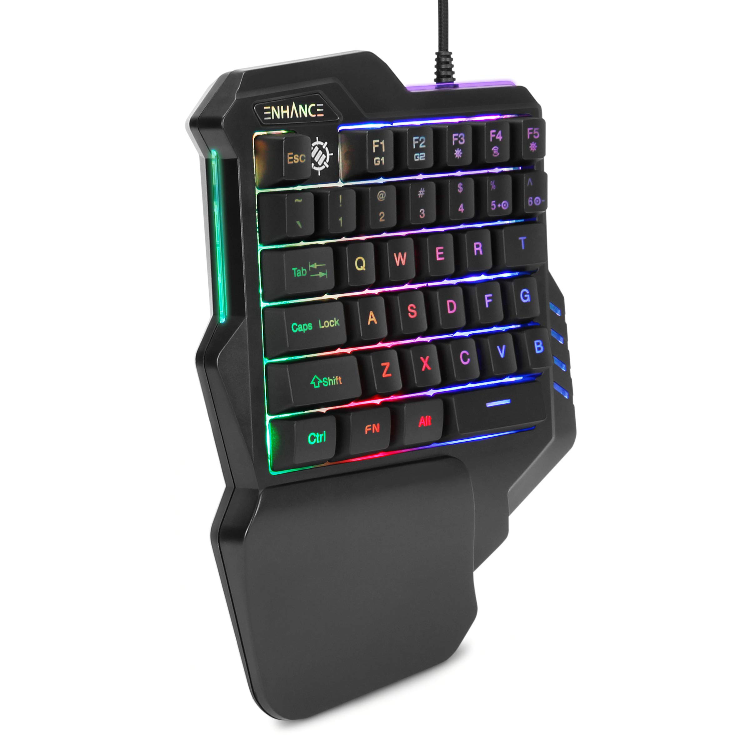 ENHANCE Gaming Keypad One Handed Gaming Keyboard Mini Keyboard - 7 Color LED Backlit, Programmable Keys, Ergonomic Wrist Pad and Braided USB Cable - Small Gaming Keyboard Great for FPS Games