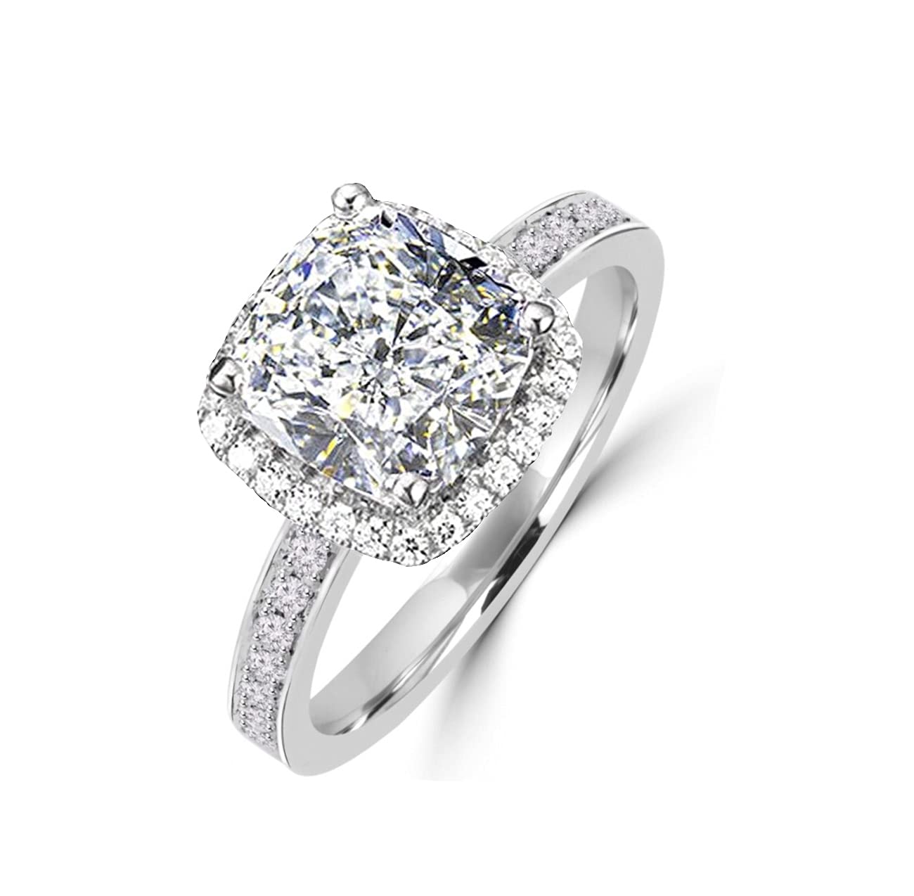 Diamonbella 101 Facets 2 Carat Princess Cushion Cut NSCD Simulated Diamond Ring 925 Silver Platinum Plated Halo (7)