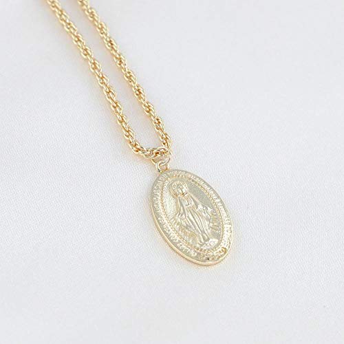 18K Gold Virgin Mary Necklace - Medallion Necklace - Miraculous Medal Coin Necklace for Women Religious Necklace (Gold)