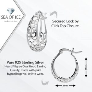 SEA OF ICE Silver Hoop Earrings for Women - Oval Filigree Trendy Fashion Hoop Earrings – Sterling Silver Earrings for Women Gift Holiday