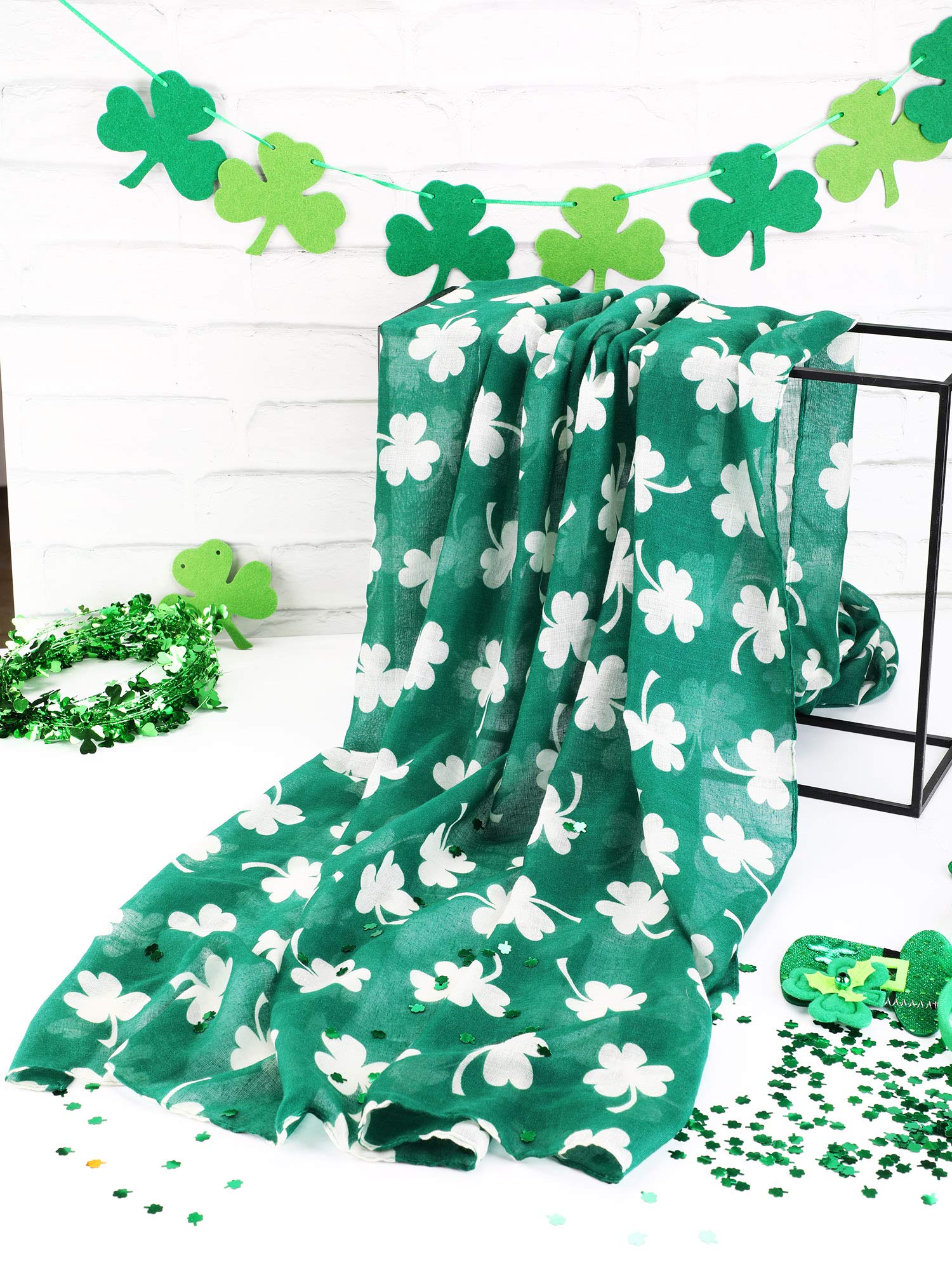 Skylety St. Patrick's Day Printed Scarf Long Shamrock Shawl Irish Theme Scarf for Holiday Outfits Accessories (Green Background, 1 Piece)