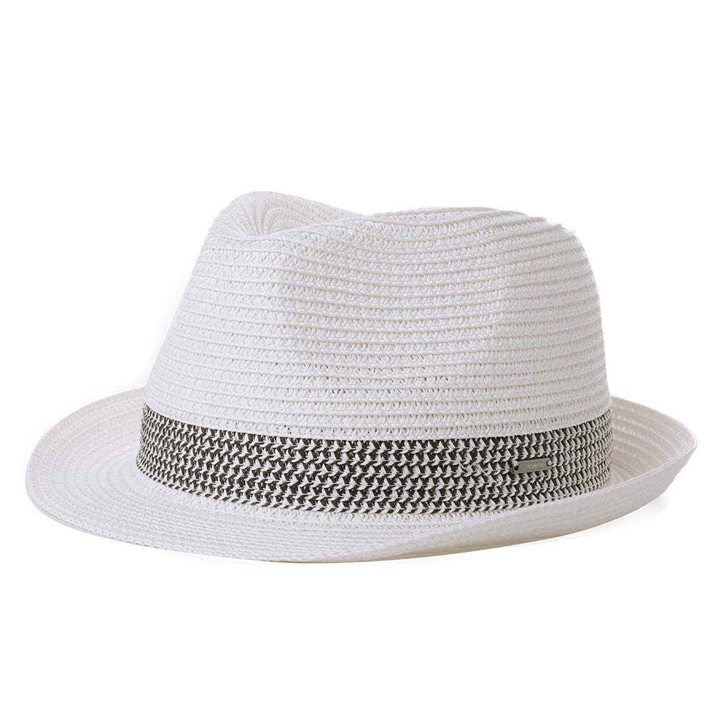 Fancet Packable White Straw Fedora Panama Sun Summer Beach Derby Hat Cuban Trilby Men Women Medium