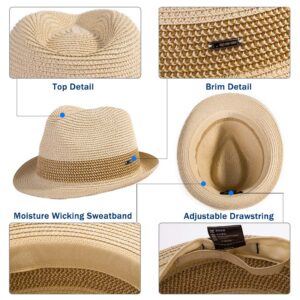 Fancet Packable White Straw Fedora Panama Sun Summer Beach Derby Hat Cuban Trilby Men Women Medium