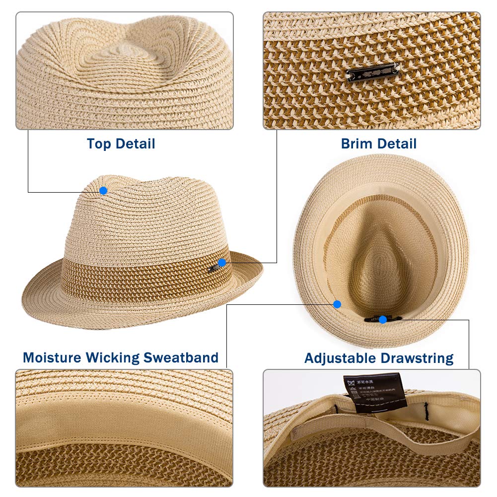 Fancet Packable White Straw Fedora Panama Sun Summer Beach Derby Hat Cuban Trilby Men Women Medium