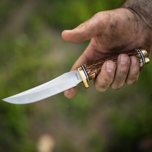 Uncle Henry 153UH Next Gen Golden Spike Knife with 5in High Carbon S.S. Fixed Blade, Staglon Handle, Sharpening Stone, and Leather Belt Sheath for EDC, Hunting, Survival, Camping, and Outdoors