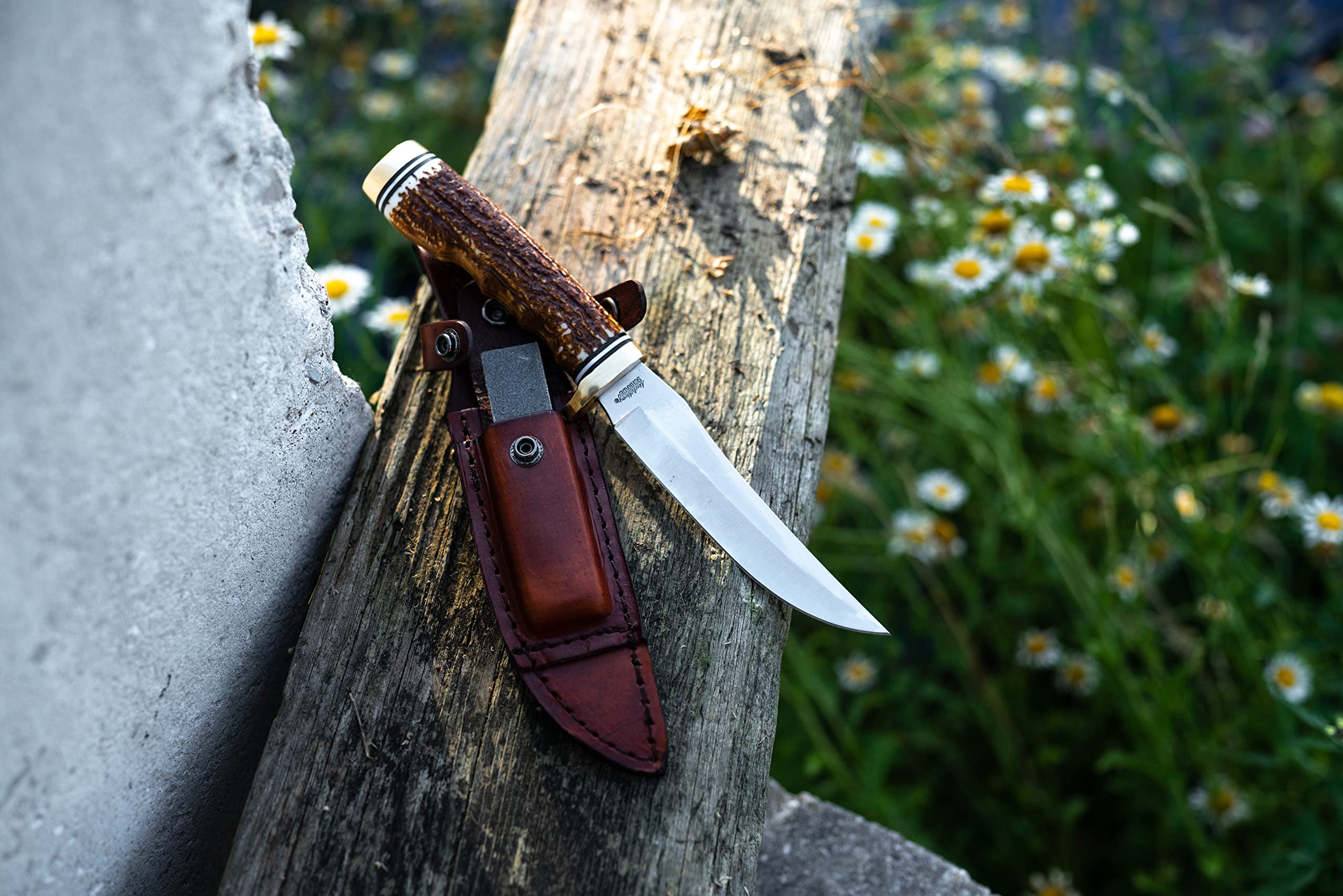 Uncle Henry 153UH Next Gen Golden Spike Knife with 5in High Carbon S.S. Fixed Blade, Staglon Handle, Sharpening Stone, and Leather Belt Sheath for EDC, Hunting, Survival, Camping, and Outdoors