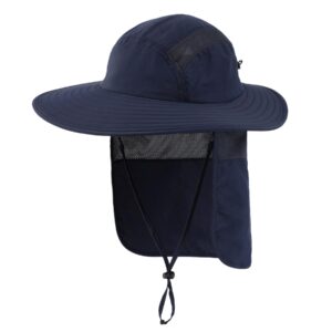 Home Prefer Mens UPF 50+ Sun Protection Hat Wide Brim Fishing Hat with Neck Flap (Navy Blue)