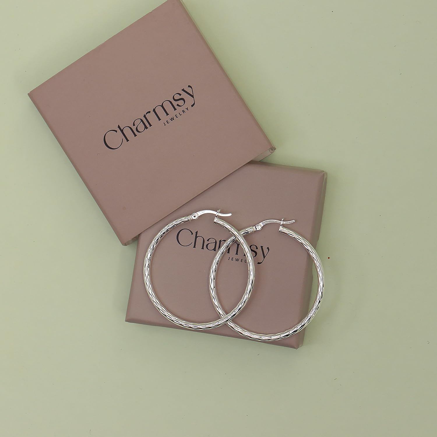 Charmsy 925 Sterling Silver Diamond-Cut Hoop Earrings 2.5mm Tube Medium Large Italian Classic Click-Top for Women 40mm