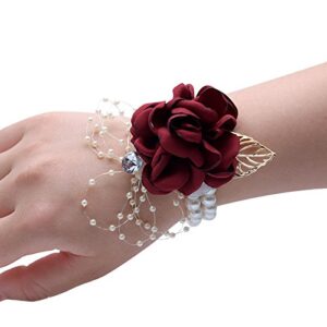 abbie home decent wrist corsage for prom party wedding ball event silk rose rhinestone hand flower classic pearl bracelet (champagne)