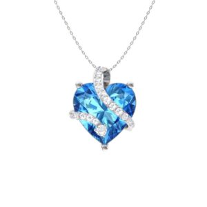 Diamondere Natural and Certified Heart Cut Blue Topaz and Diamond Wrap Heart Petite Necklace in 14k White Gold | 1.68 Carat Pendant with 18 Inch Chain