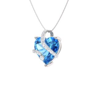 Diamondere Natural and Certified Heart Cut Blue Topaz and Diamond Wrap Heart Petite Necklace in 14k White Gold | 1.68 Carat Pendant with 18 Inch Chain