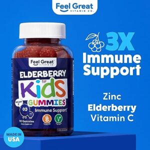 Feel Great Kids Elderberry Gummies with Zinc and Vitamin C | Kids Immune Support Sambucus Elderberry Gummies | Berry Flavored Vegan Kids Multivitamins | 90 Day Supply