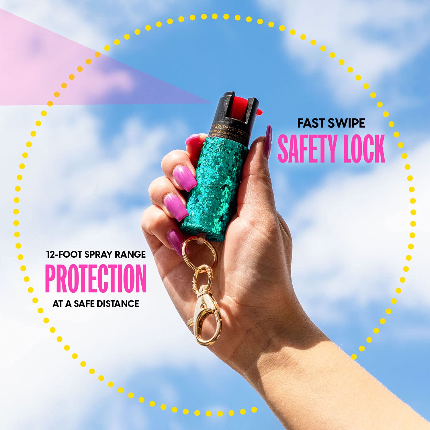 Pepper Spray Maximum Strength Self Defense Keychain for Women, 12-Foot Spray Range & UV Dye - Glitter