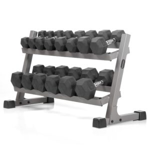 xmark's two tier heavy duty steel dumbbell rack with angled shelves fully loaded with 380 lbs. of xmark's superior rubber coated hex dumbbells