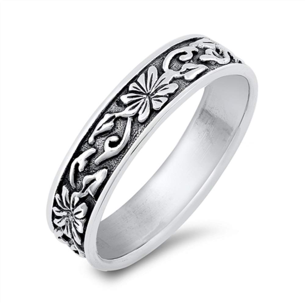 CloseoutWarehouse 925 Sterling Silver Oxidized Floral Band Ring Size 4