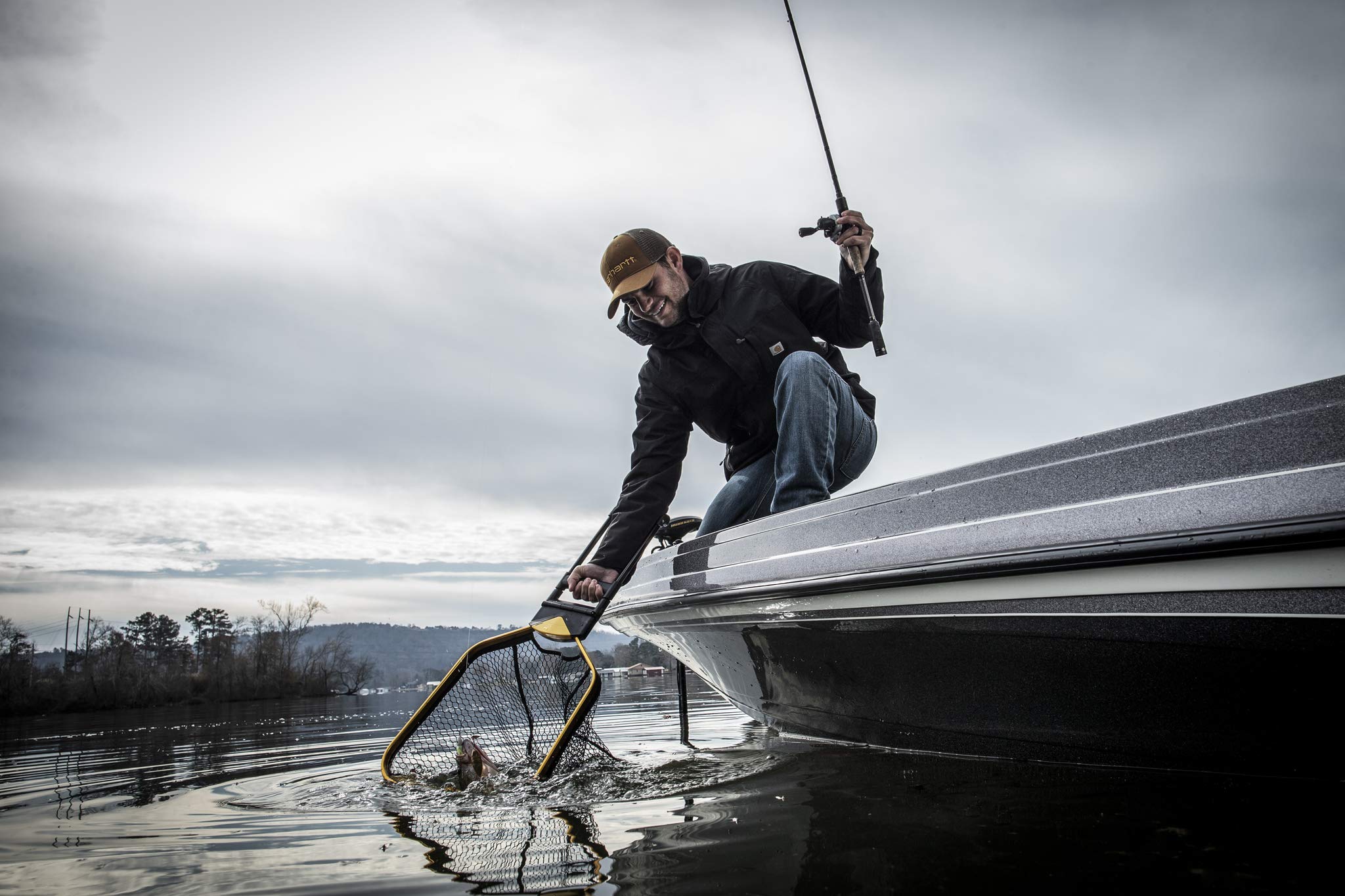 Frabill Trophy Haul Bearclaw 1418 Fishing Net, One Hand Designed Landing Net with built in Light, Black and Gold (FRBNX14L)