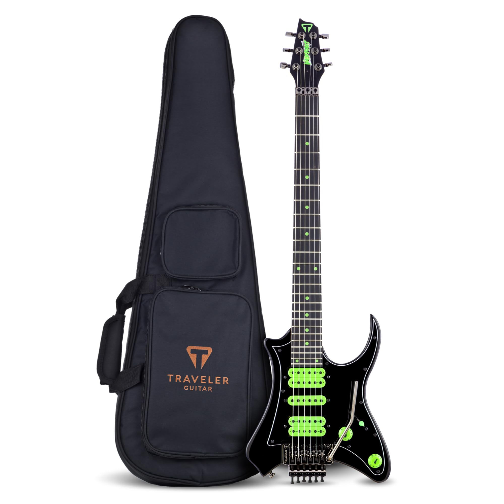 Traveler Guitar Vaibrant V88X Deluxe Electric Guitar for Travel | Small Guitar with Compact Headstock Shape | Full 25.5” Scale Travel Guitar | Portable Mini Guitar with Custom Gig Bag, Cosmic Black