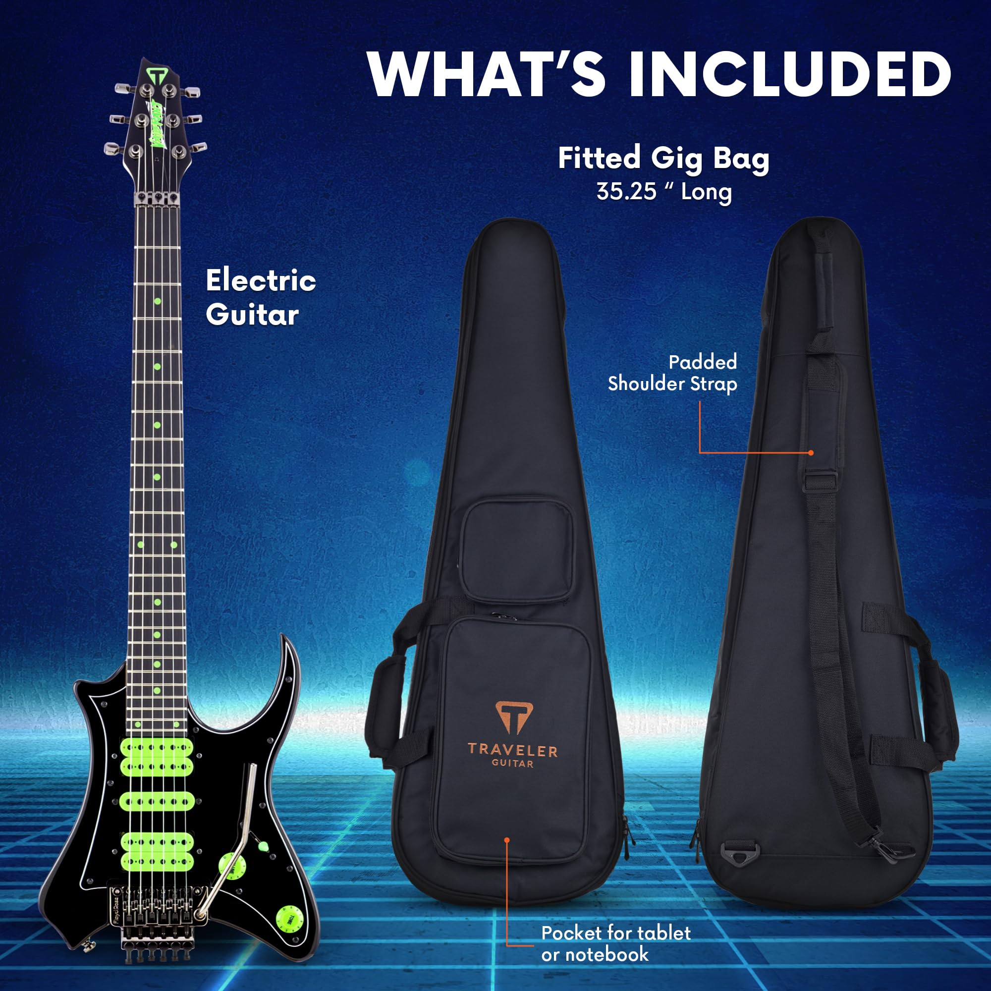 Traveler Guitar Vaibrant V88X Deluxe Electric Guitar for Travel | Small Guitar with Compact Headstock Shape | Full 25.5” Scale Travel Guitar | Portable Mini Guitar with Custom Gig Bag, Cosmic Black