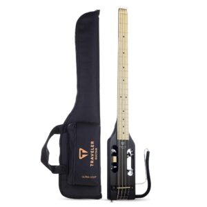 traveler guitar ultra-light gloss black bass guitar | small bass travel guitar with removable lap rest | 30" scale portable headless guitar | mini guitar with custom gig bag