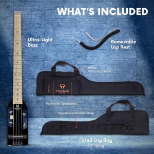 Traveler Guitar Ultra-Light Gloss Black Bass Guitar | Small Bass Travel Guitar with Removable Lap Rest | 30" Scale Portable Headless Guitar | Mini Guitar with Custom Gig Bag