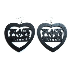 Teri's Boutique Heart Black Lives Matter Wood Wooden Fashion Natural Color Dangle Earrings (Black)