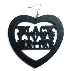 Teri's Boutique Heart Black Lives Matter Wood Wooden Fashion Natural Color Dangle Earrings (Black)