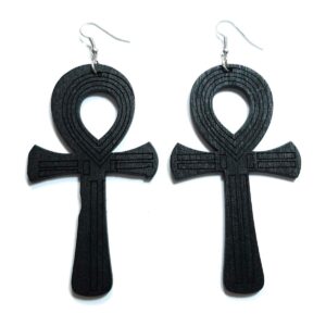 Teri's Boutique Natural Wood Anka Ankh Cross Life Of Symbol Fashion Jewelry Women Dangle Earrings (Black)