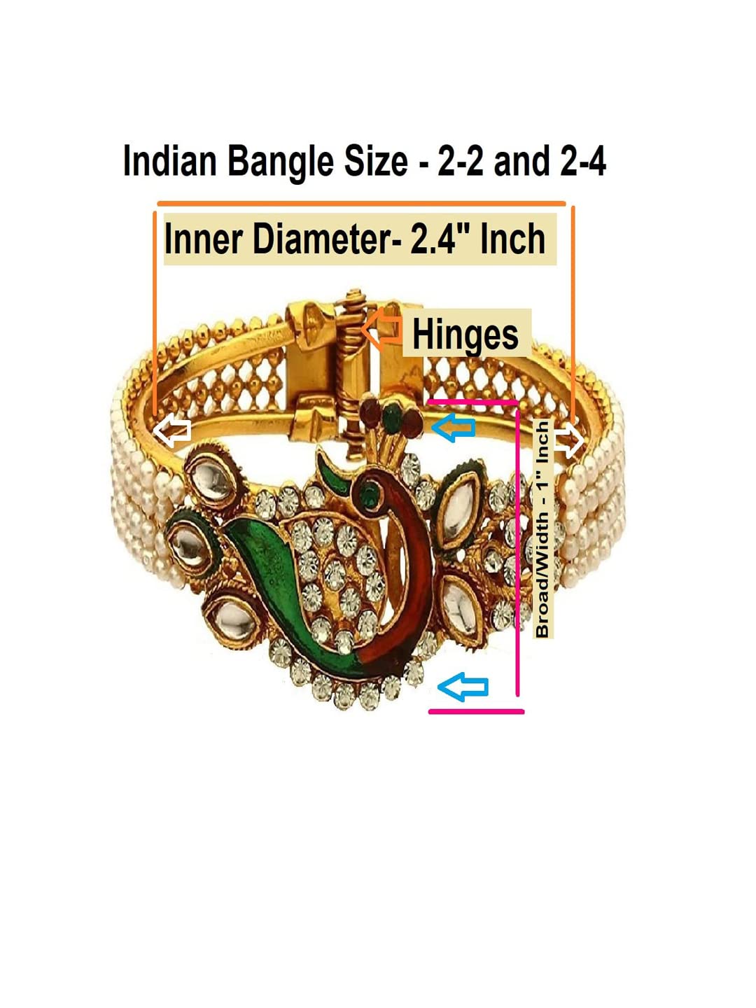 Efulgenz Fashion Jewelry Indian Bollywood Faux Pearl Kundan Rhinestone Peacock Bracelet Bangle (2 Pc) Multicolor