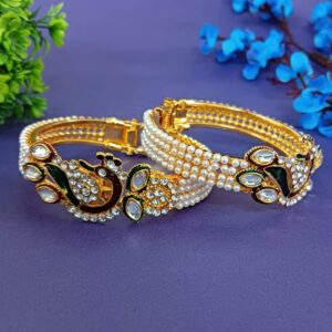 Efulgenz Fashion Jewelry Indian Bollywood Faux Pearl Kundan Rhinestone Peacock Bracelet Bangle (2 Pc) Multicolor