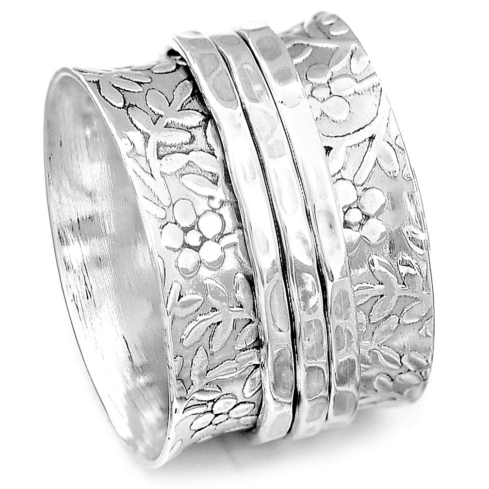 Boho-Magic 925 Sterling Silver Spinner Flowers Ring for Women Fidget Anxiety Relief Ring Band