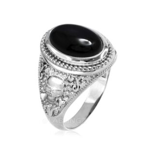 LA BLINGZ Sterling Silver Skull and Bone Black Onyx Statement Ring (6.5)