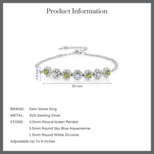 Gem Stone King 925 Sterling Silver Green Peridot and Sky Blue Aquamarine Tennis Bracelet For Women (2.18 Cttw, Gemstone August Birthstone, 7 Inch with 2 Inch Extender)