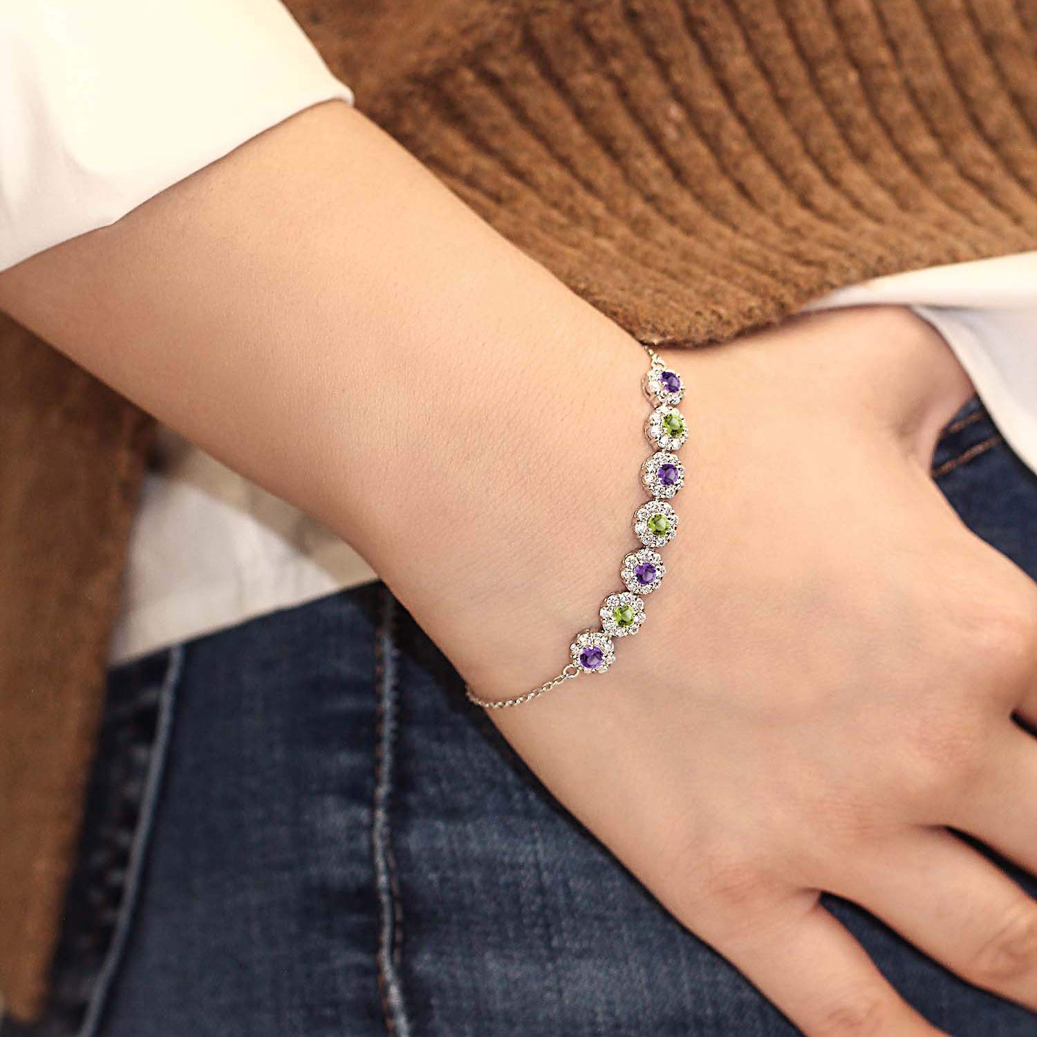 Gem Stone King 925 Sterling Silver Purple Amethyst and Green Peridot Tennis Bracelet For Women (1.22 Cttw, Gemstone February Birthstone, 7 Inch with 2 Inch Extender)