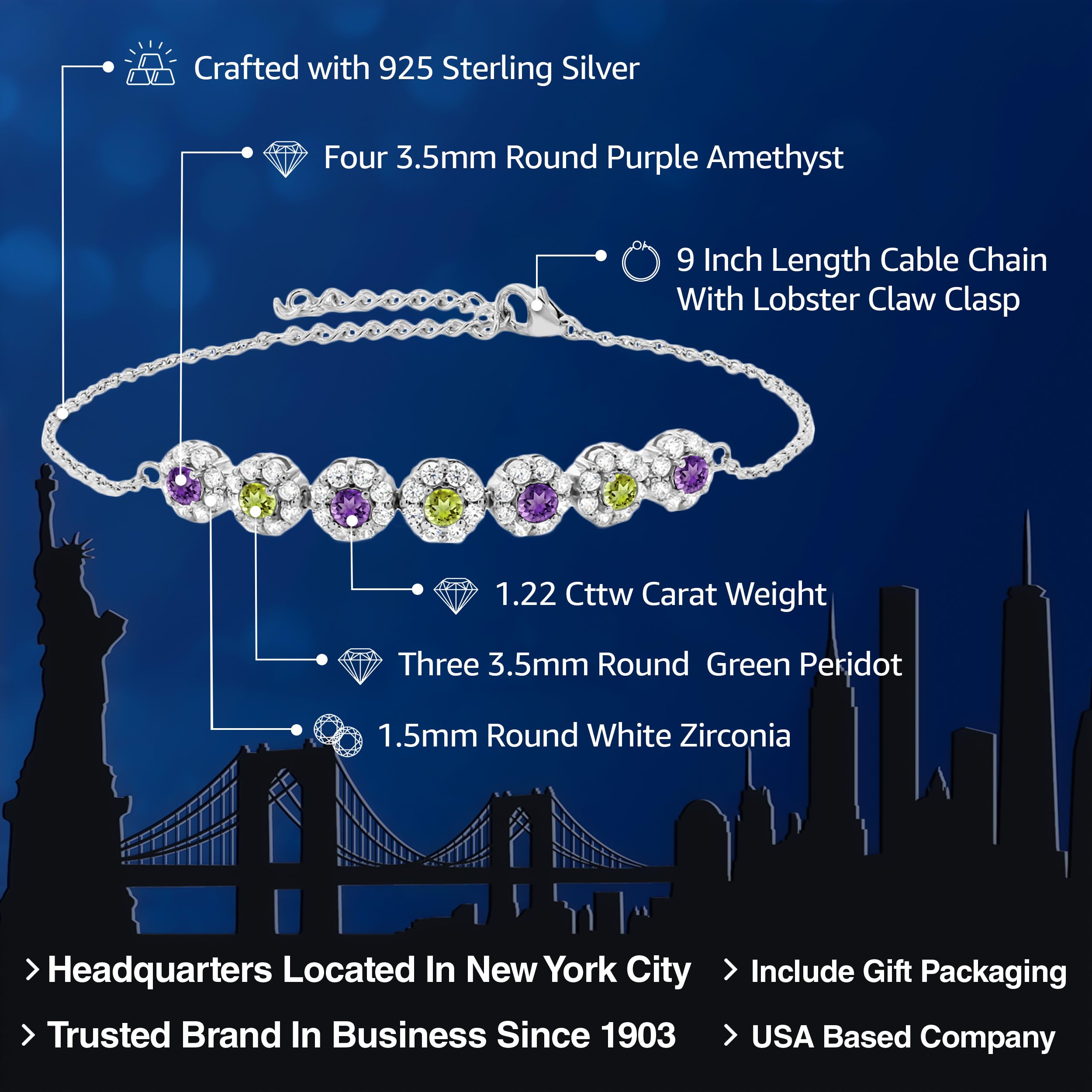 Gem Stone King 925 Sterling Silver Purple Amethyst and Green Peridot Tennis Bracelet For Women (1.22 Cttw, Gemstone February Birthstone, 7 Inch with 2 Inch Extender)