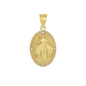 Exquisite 10k Yellow Gold Oval Divine Mercy Of Jesus Medal Diamond Pendant