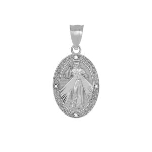 Fine 925 Sterling Silver Cubic Zirconia Oval Divine Mercy Of Jesus Medal Pendant