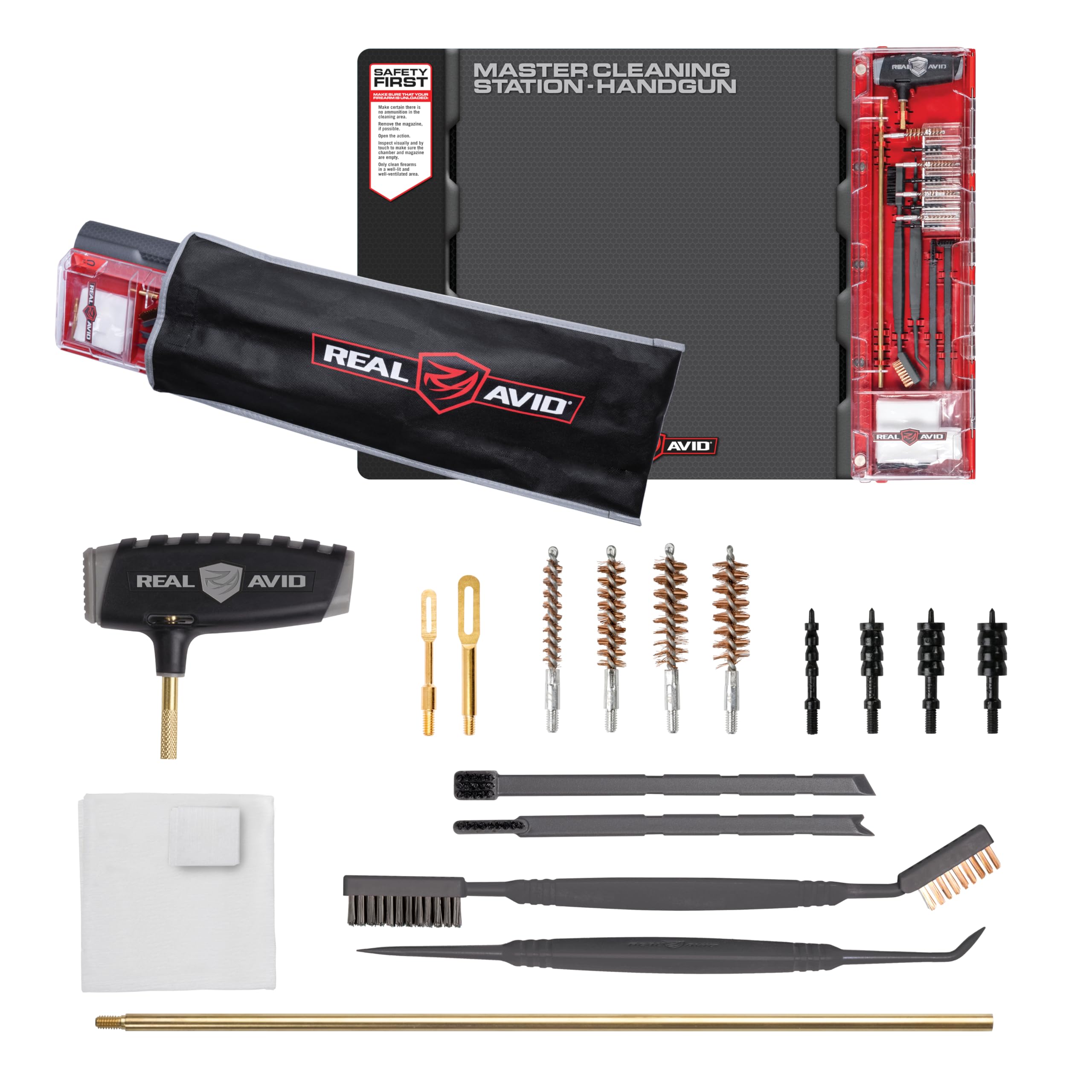 Real Avid Handgun Cleaning Kit & Gun Mat For Pistol Cleaning - "19x16" Includes Gun Cleaning Mat, Cleaning Rod, Jags, Bore Brushes, Patches & Scrapers for Gun Cleaning